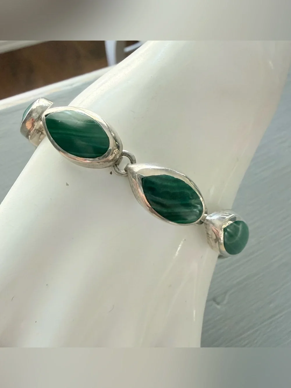 Taxco Mexico Malachite Stone Sterling Silver Chunky Bracelet